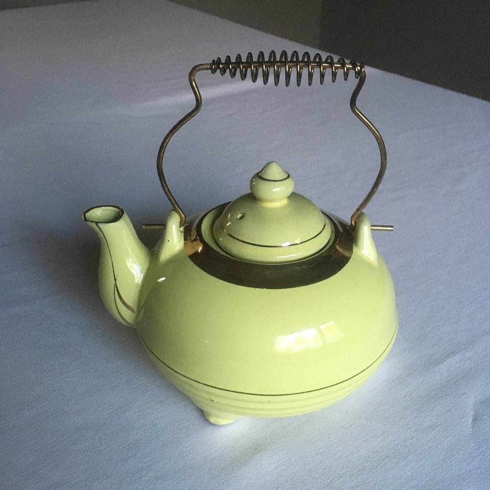 Vintage Ceramic Retro Green Gold Teapot.
